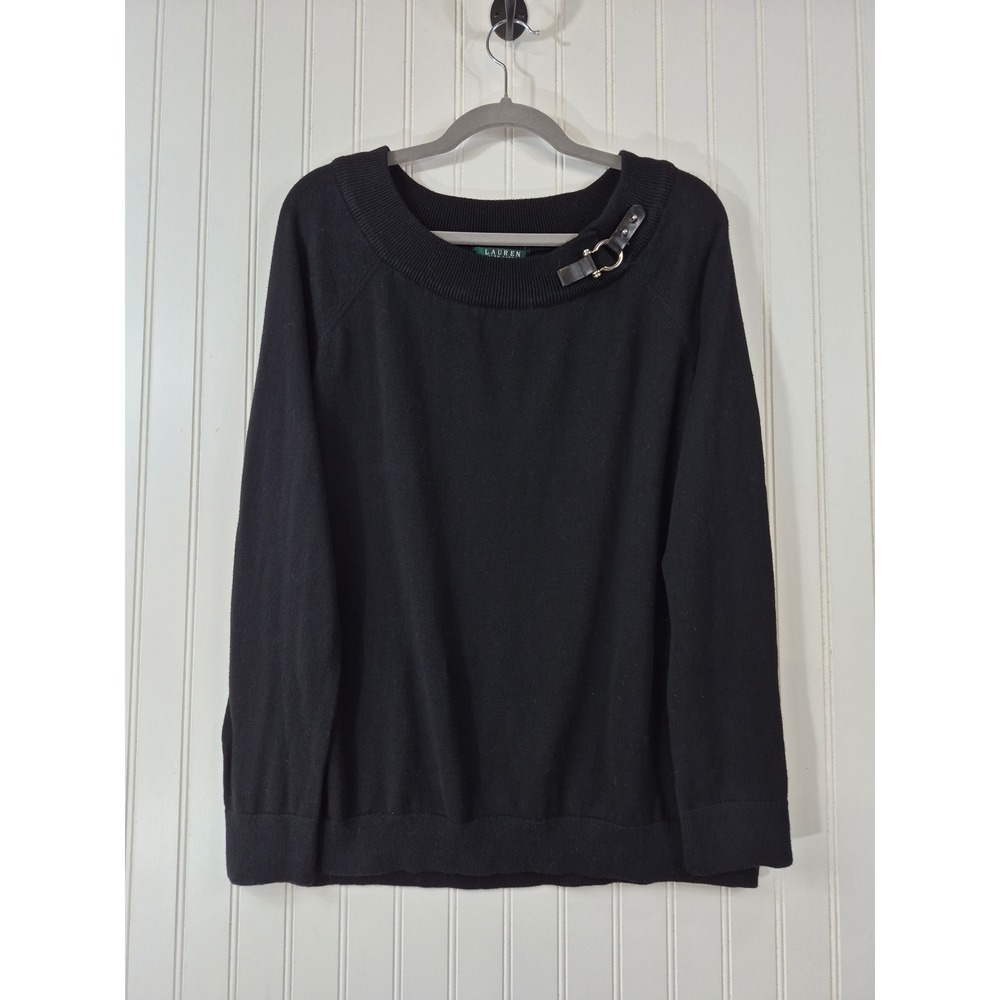 Lauren RL Black Cotton Buckle Neck Raglan Sweater Womens 1X Long Sleeve Preppy